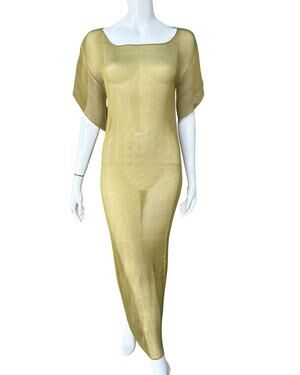 Gabrielle Vengeur Mexico Chartreuse Long Plisse Dress S/M